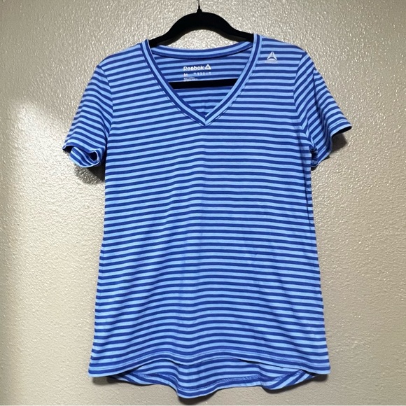 Reebok Striped Blue Cotton Blend Short Sleeve T-Shirt Activewear Casual Workout - Picture 2 of 6